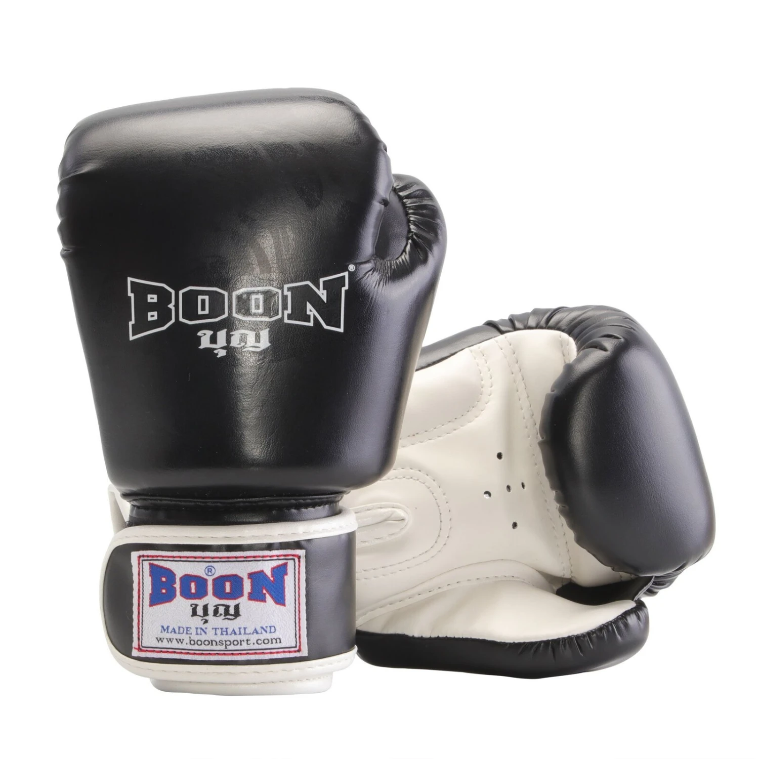 Boon Black/White Kids PU Velcro Muay Thai Gloves 4 Boon Black/White Kids PU Velcro Muay Thai Gloves - Image 2