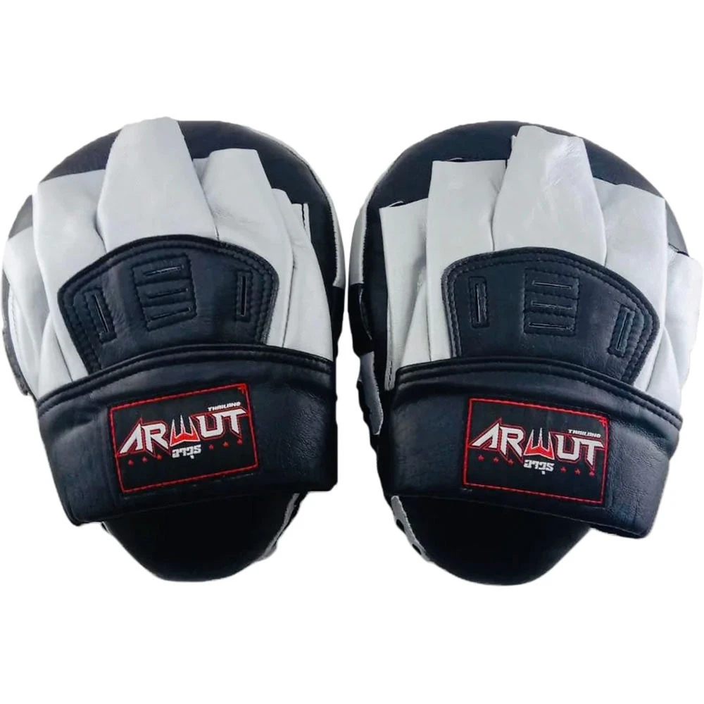 Arwut Fight Gear Black/White Leather Curved Focus Mitts 5 Arwut Fight Gear Black/White Leather Curved Focus Mitts - Image 3